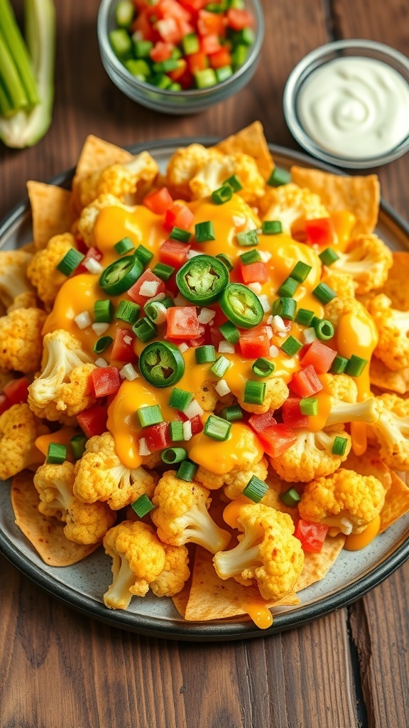 Cheesy cauliflower nachos topped with jalapeños, tomatoes, and green onions, served with guacamole and sour cream.